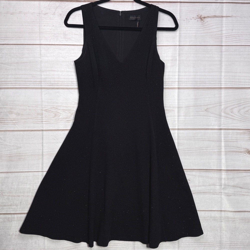 Donna Karan New York Black Sparkle V-Neck Skater Dress Sleeveless Cockail Dress